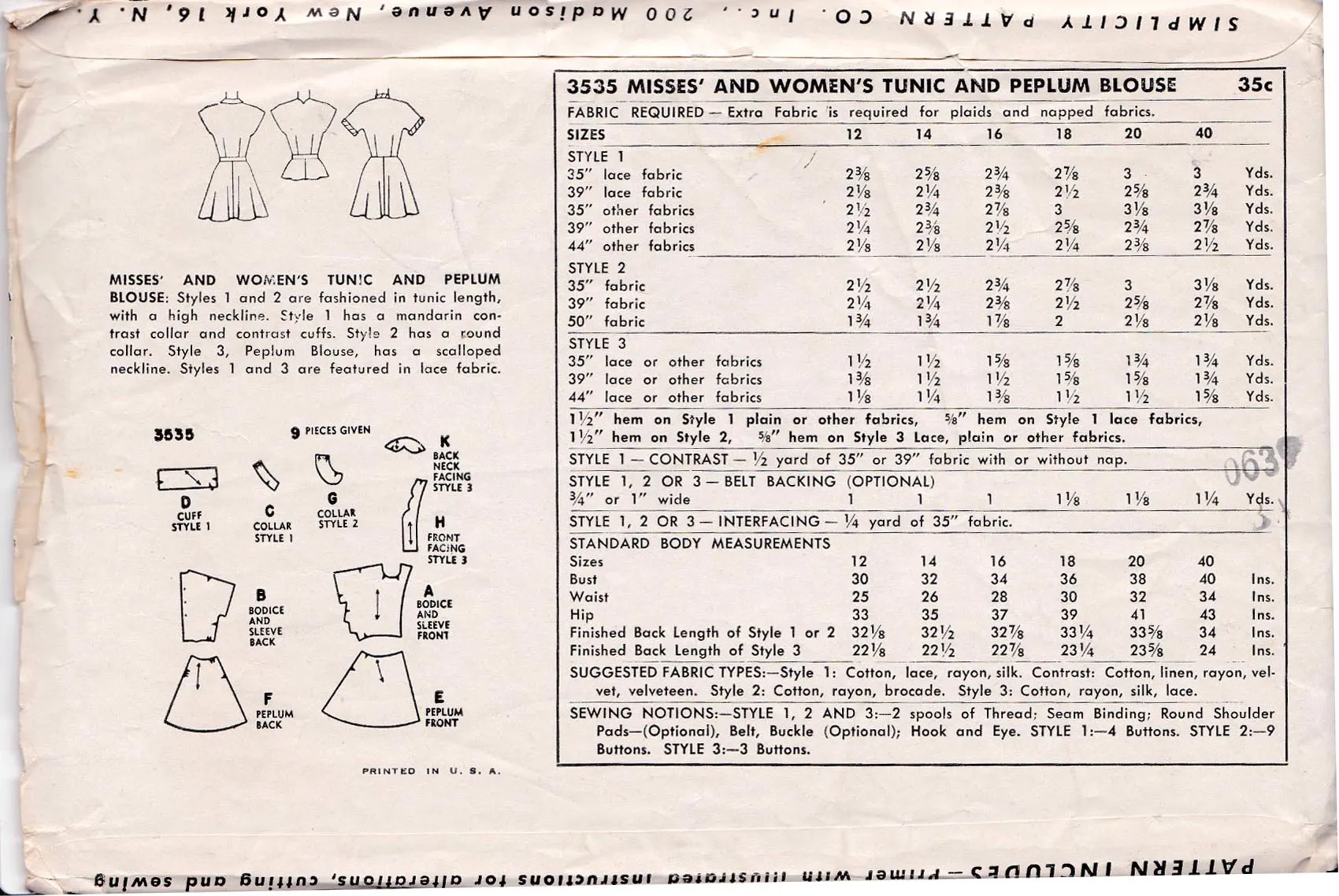 1951 Tunic Blouses, Original Simplicity 3535, FACTORY FOLDS! 34" bust