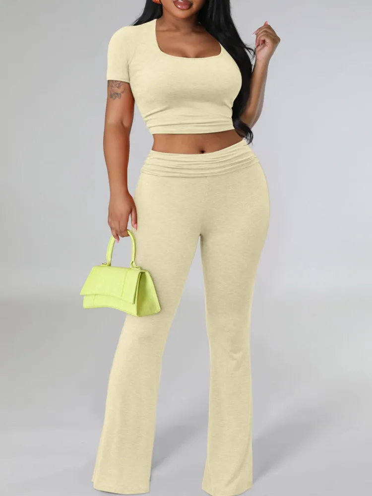 2 Piece Outfits for Women Casual Square Neck Tops Ribbed Pant Set Tracksuit Yoga Set