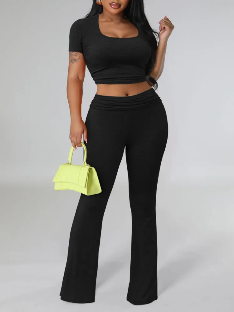 2 Piece Outfits for Women Casual Square Neck Tops Ribbed Pant Set Tracksuit Yoga Set