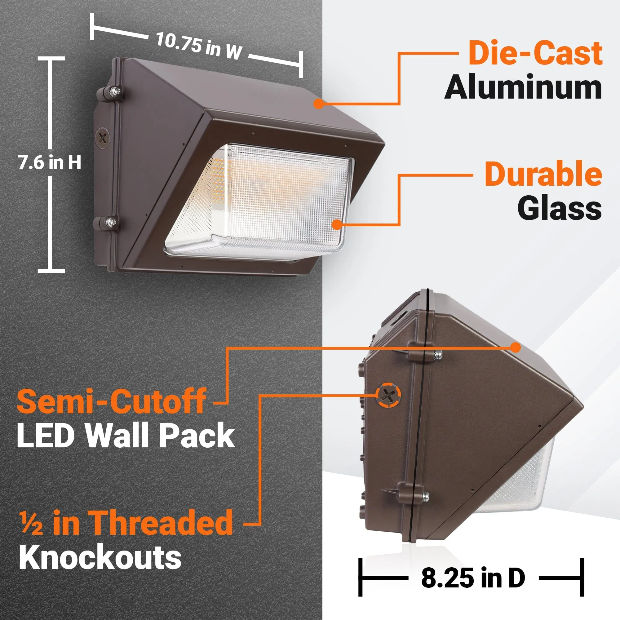 29W-60W Semi-Cutoff LED Wall Pack 3000K-5000K - 100-277VAC Photocell - Striped Glass - Bronze