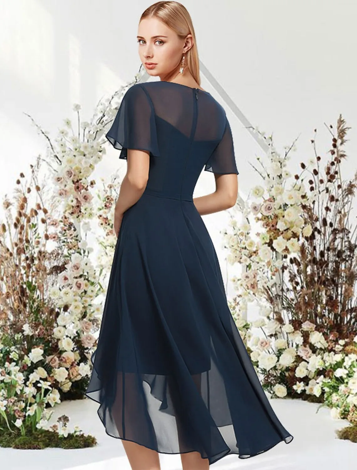 A-Line Cocktail Dresses Empire Dress Wedding Guest Asymmetrical Short Sleeve Jewel Neck Chiffon with Sleek