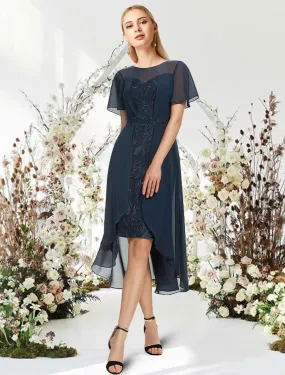 A-Line Cocktail Dresses Empire Dress Wedding Guest Asymmetrical Short Sleeve Jewel Neck Chiffon with Sleek