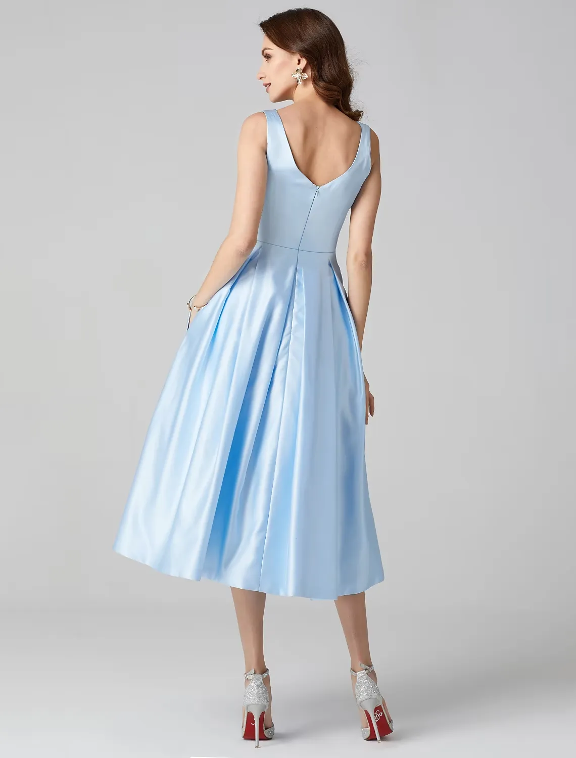 A-Line Cocktail Dresses Party Dress Formal Tea Length Sleeveless Jewel Neck Pocket Satin with Pleats Shouder Flower