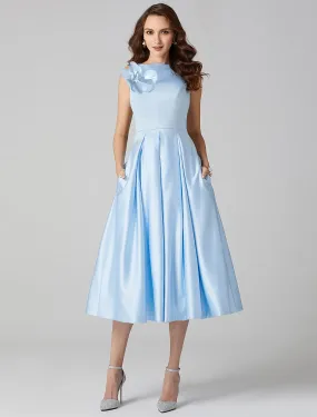 A-Line Cocktail Dresses Party Dress Formal Tea Length Sleeveless Jewel Neck Pocket Satin with Pleats Shouder Flower