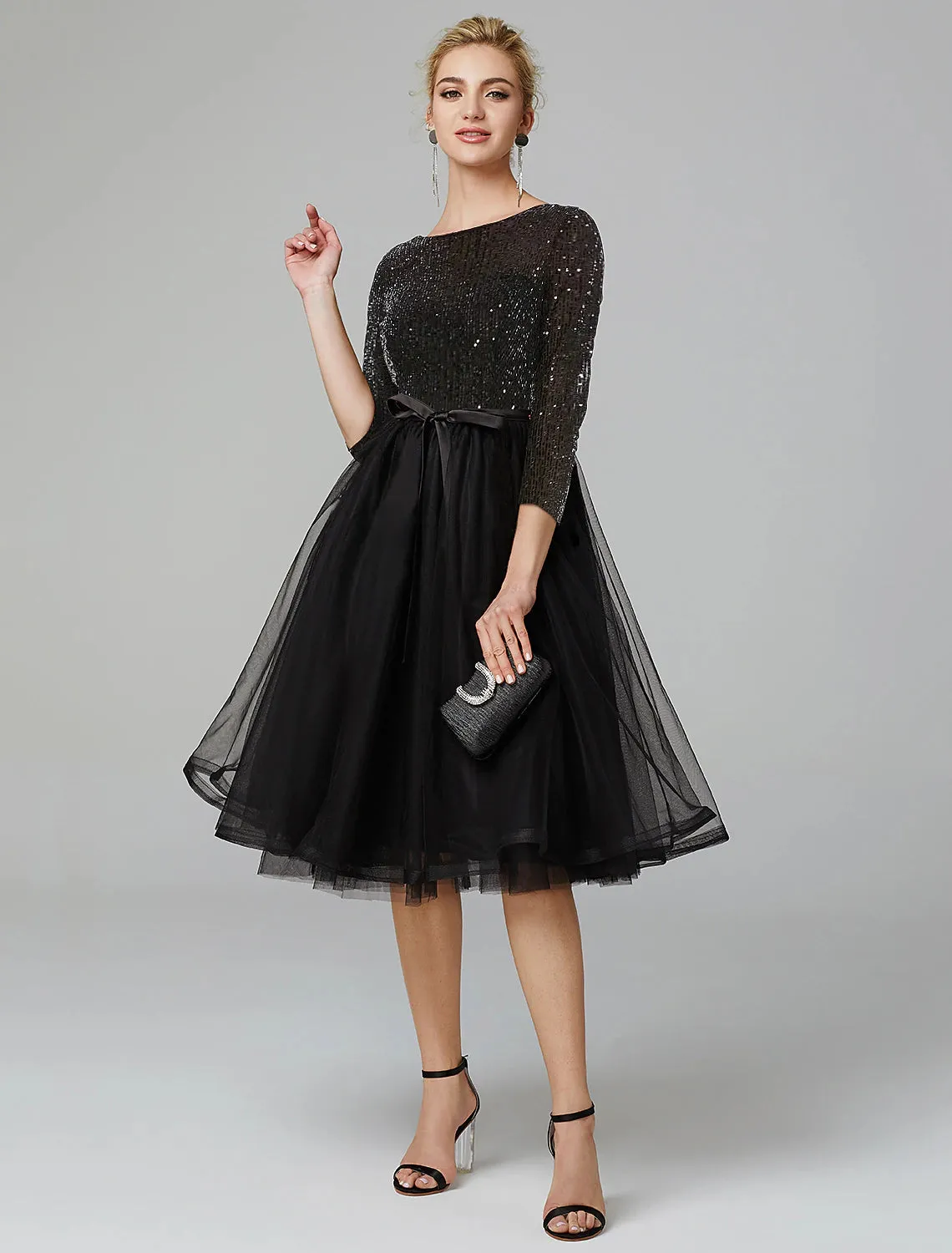 A-Line Cocktail Dresses Sparkle & Shine Dress Formal Tea Length 3/4 Length Sleeve Jewel Neck Fall Wedding Guest Tulle with Sequin Strappy