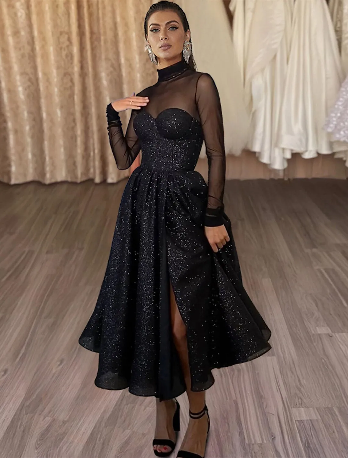 A-Line Cocktail Dresses Sparkle & Shine Dress Party Wear Wedding Party Tea Length Long Sleeve High Neck Wednesday Addams Family Tulle with Glitter Slit