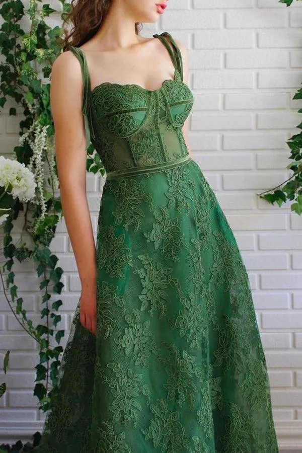 A Line Dark Green Lace Prom Dresses Spaghetti Straps Neck Formal Dress