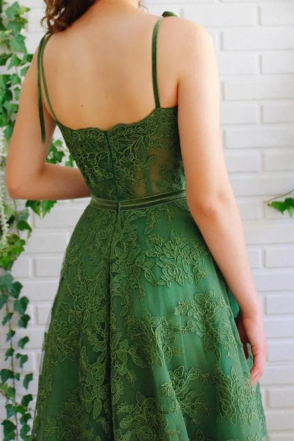 A Line Dark Green Lace Prom Dresses Spaghetti Straps Neck Formal Dress