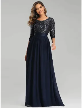 A-Line Elegant Wedding Guest Formal Evening Dress Length Sleeve Floor Length Tulle with Sequin