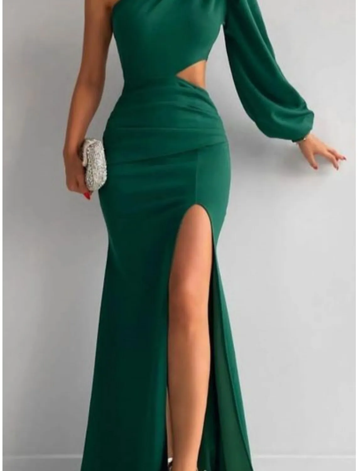 A-Line Evening Gown Elegant Dress Formal Sweep / Brush Train Formal Red Green Dress Long Sleeve One Shoulder Stretch Fabric with Pleats Ruched Slit