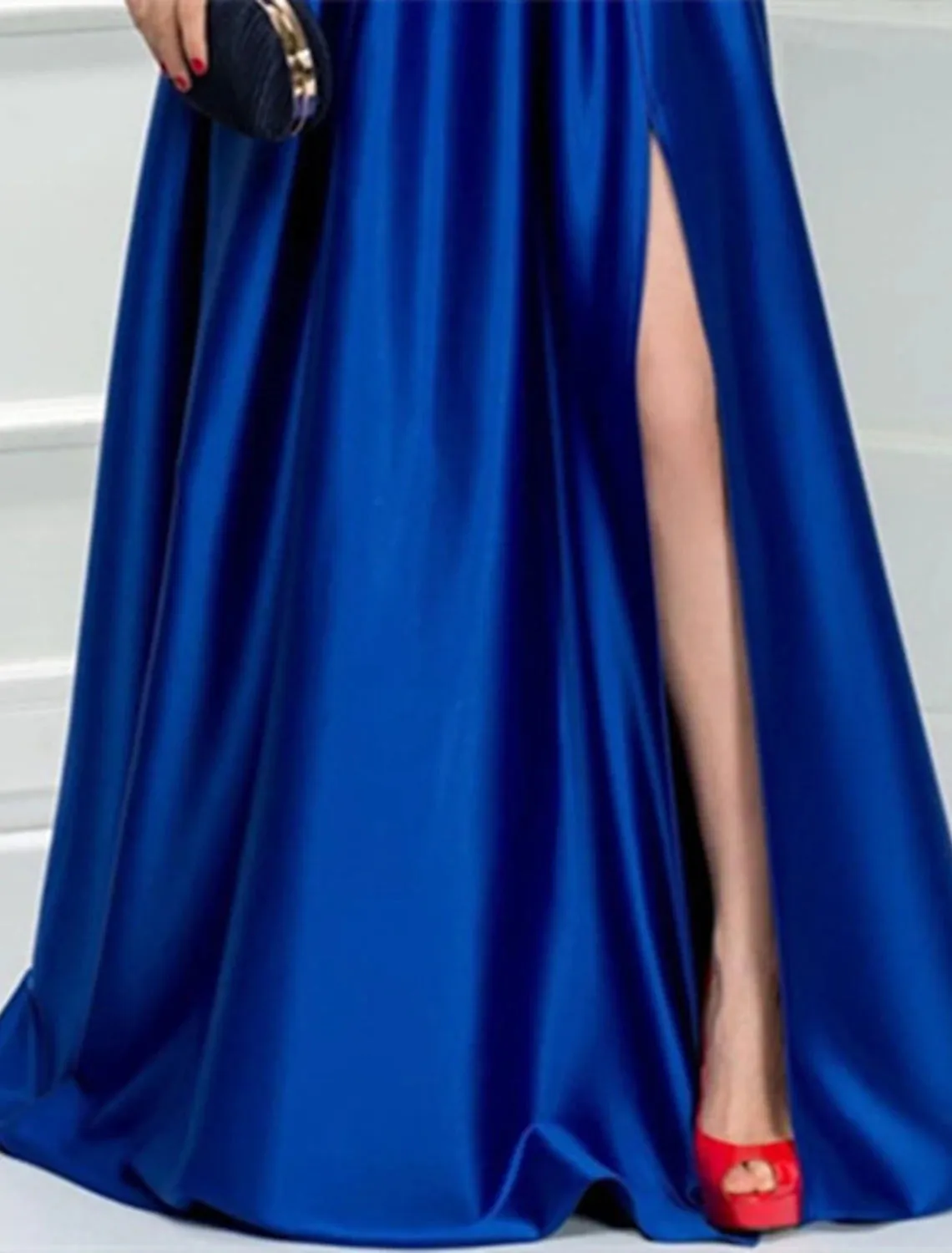 A-Line Evening Gown Elegant Dress Formal Wedding Guest Floor Length Long Sleeve V Neck Satin with Slit Appliques