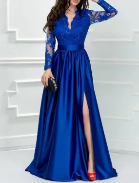 A-Line Evening Gown Elegant Dress Formal Wedding Guest Floor Length Long Sleeve V Neck Satin with Slit Appliques