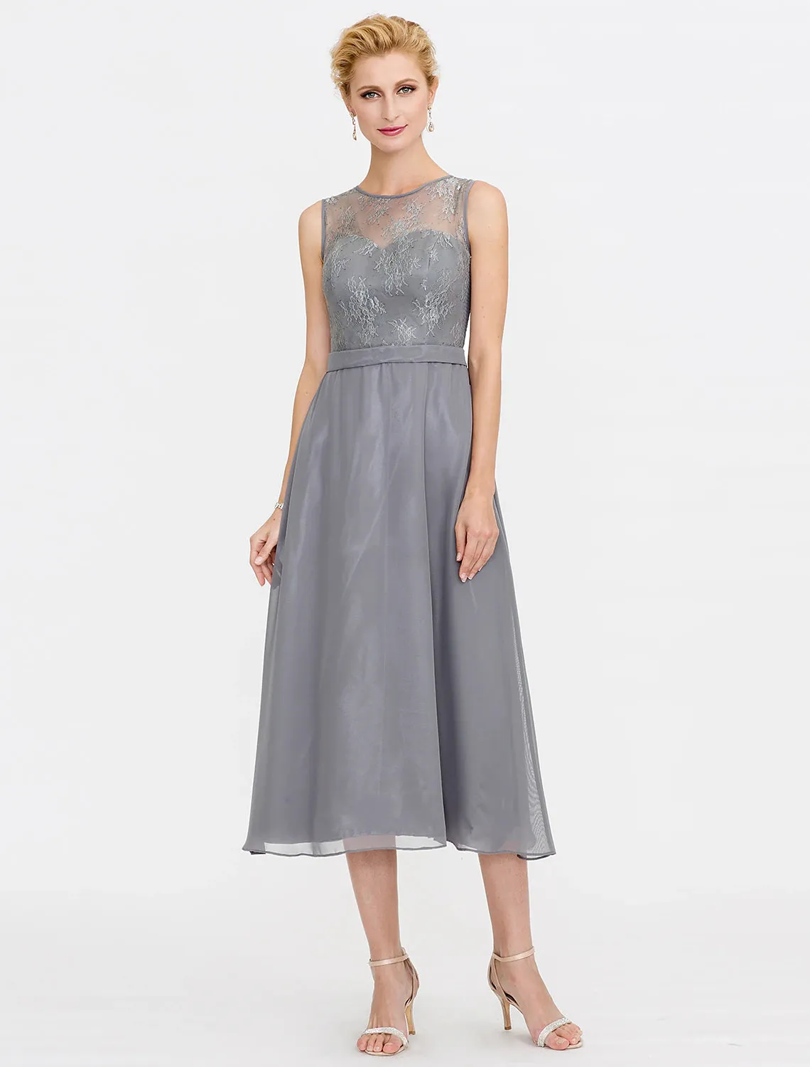 A-Line Mother of the Bride Dress Fall Wedding Guest Dresses Plus Size Elegant Illusion Neck Tea Length Chiffon Corded Lace Sleeveless Wrap Included with Lace Pleats