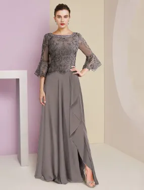 A-Line Mother of the Bride Dress Formal Elegant V Neck Lace Stretch Chiffon Sleeve with Beading Appliques