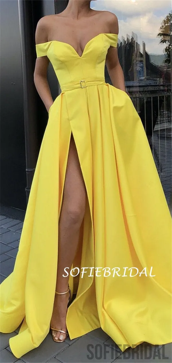 A-line Off-shoulder Long Yellow Prom Dresses With Split, PD1040