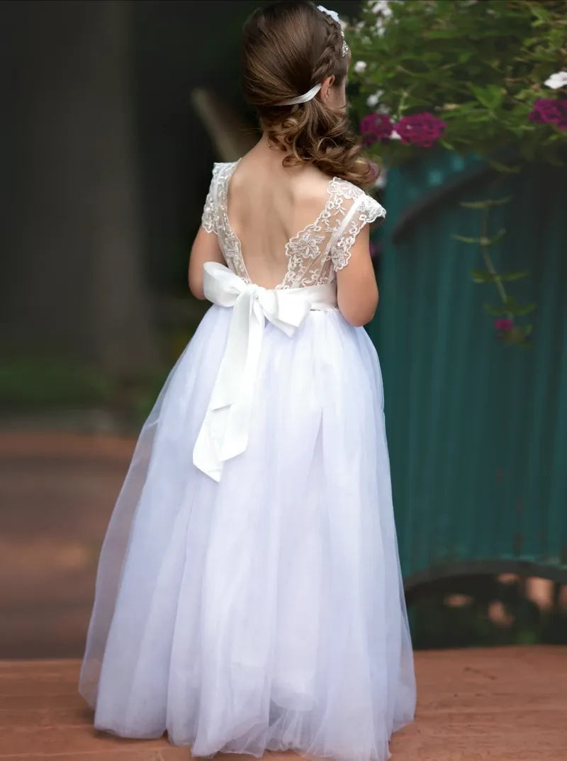 A-line Round Neck Cap Sleeves Lace Backless Flower Girl Dresses, FG0114