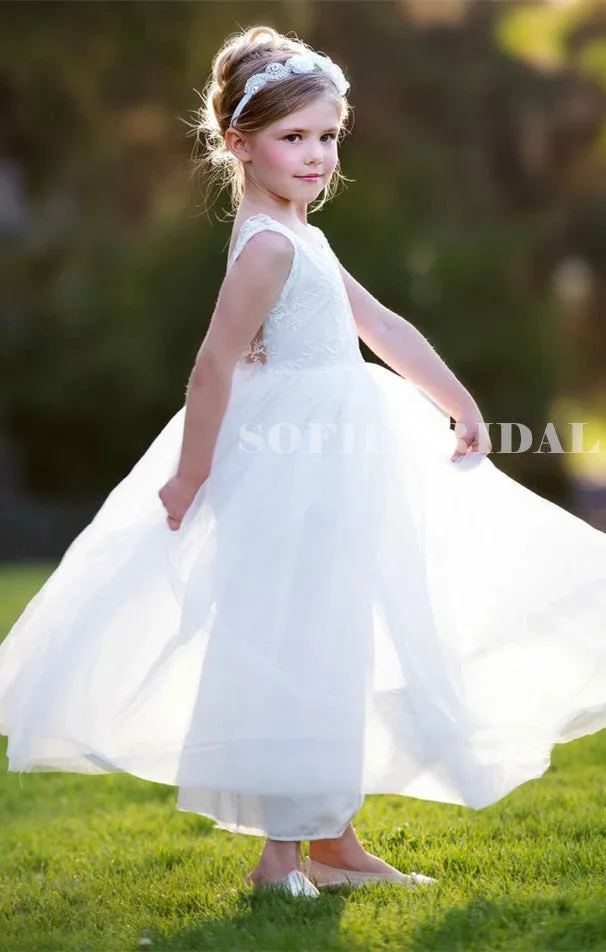 A-line Round Neck Cap Sleeves Lace Backless Flower Girl Dresses, FG0114