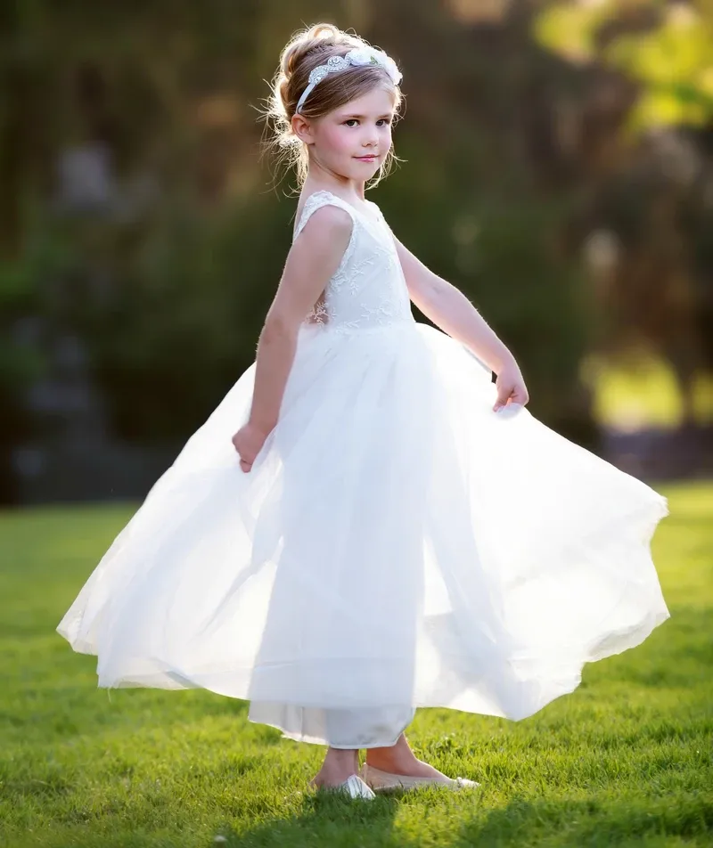 A-line Round Neck Cap Sleeves Lace Backless Flower Girl Dresses, FG0114