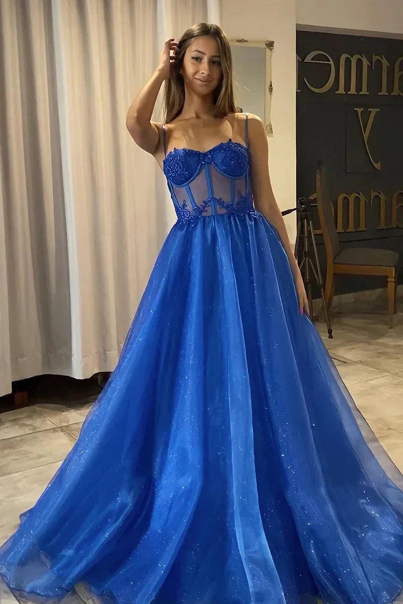 A Line Shiny Royal Blue Tulle Formal Prom Dresses,BD93361