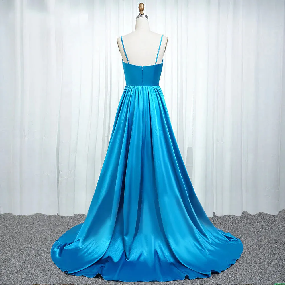 A Line Spaghetti Straps Elastic Satin Prom Dresses With Slit And Flounced