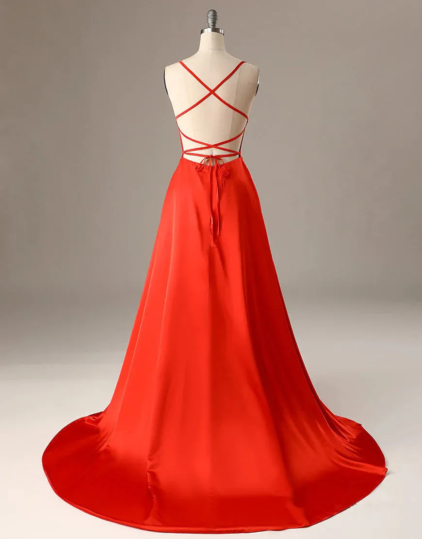 A Line Spaghetti Straps Red Sexy Side Slit Cheap Long Prom Dresses Stunning Evening Dresses