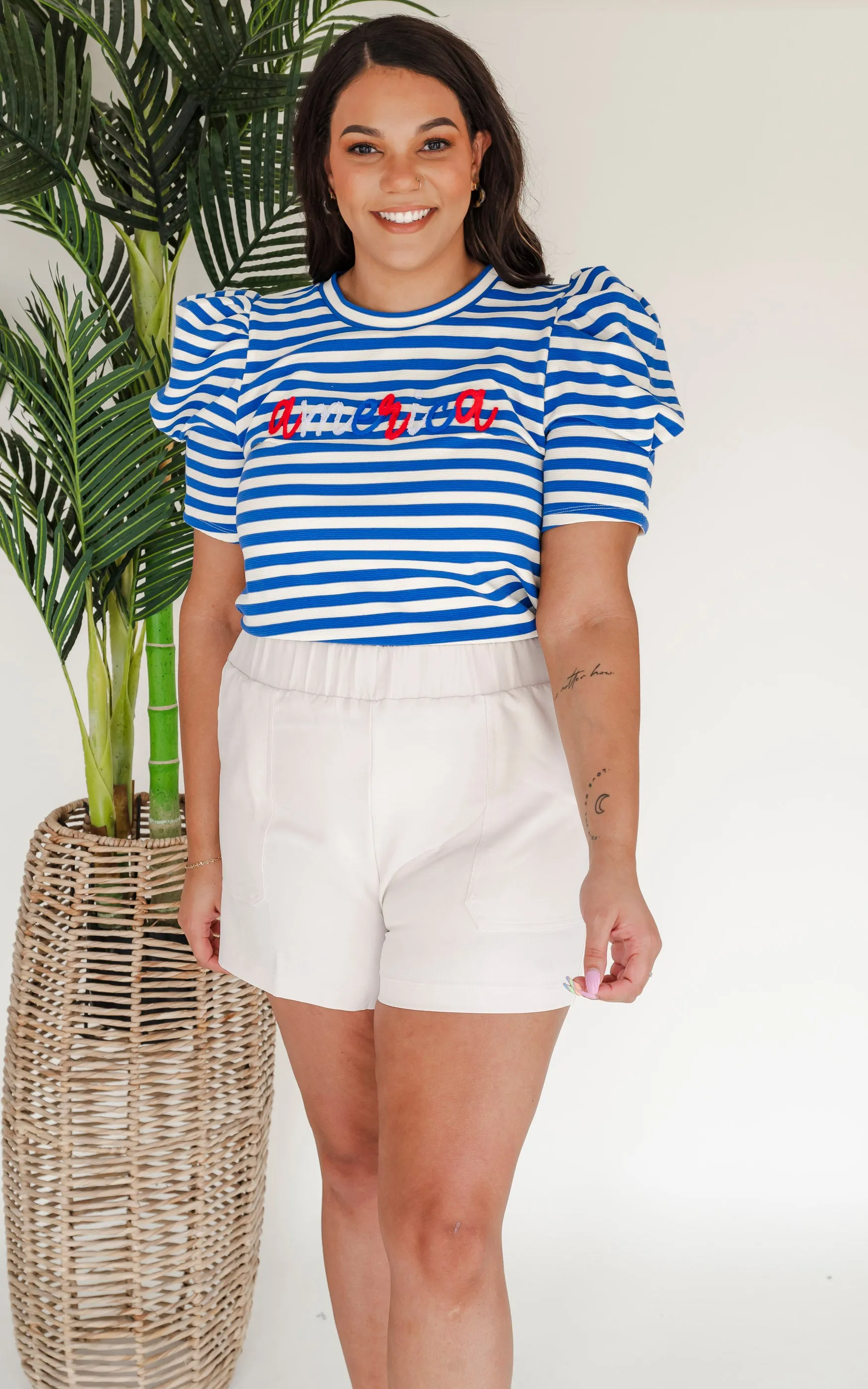 'America' Striped Puff Sleeve Tee - Final Sale