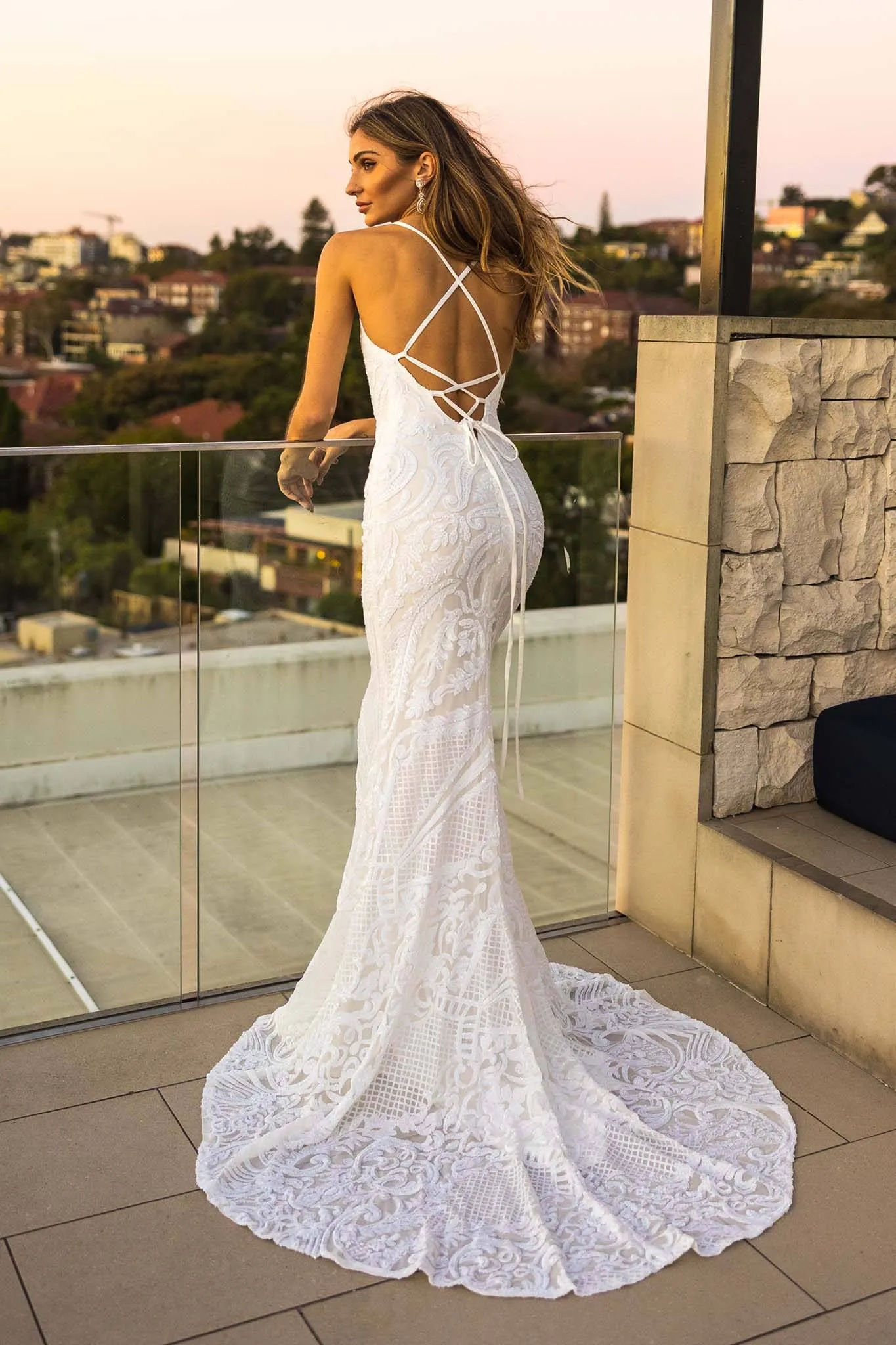 AMIYA Lace Up Back Pattern Sequin Gown - White