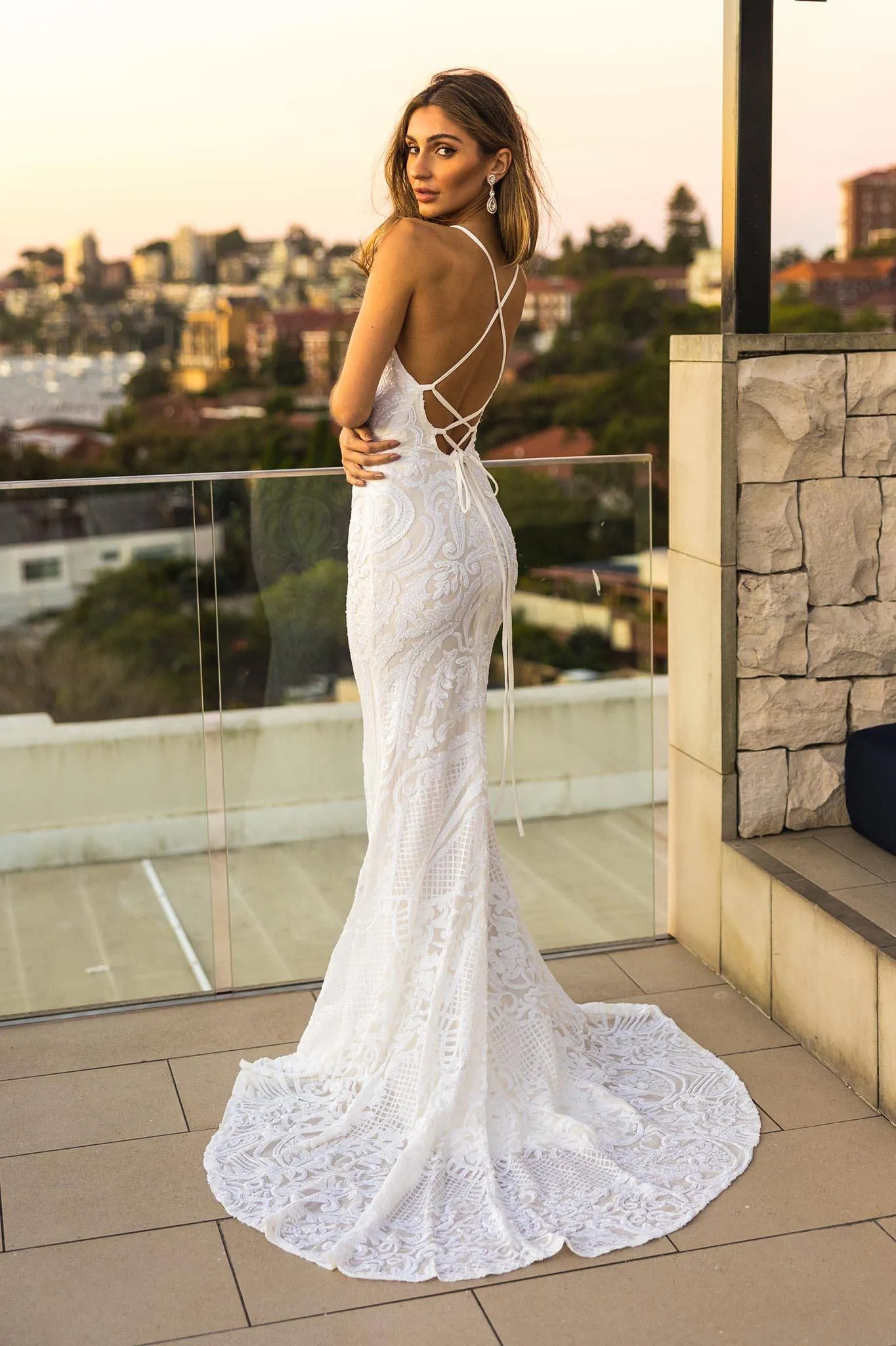 AMIYA Lace Up Back Pattern Sequin Gown - White