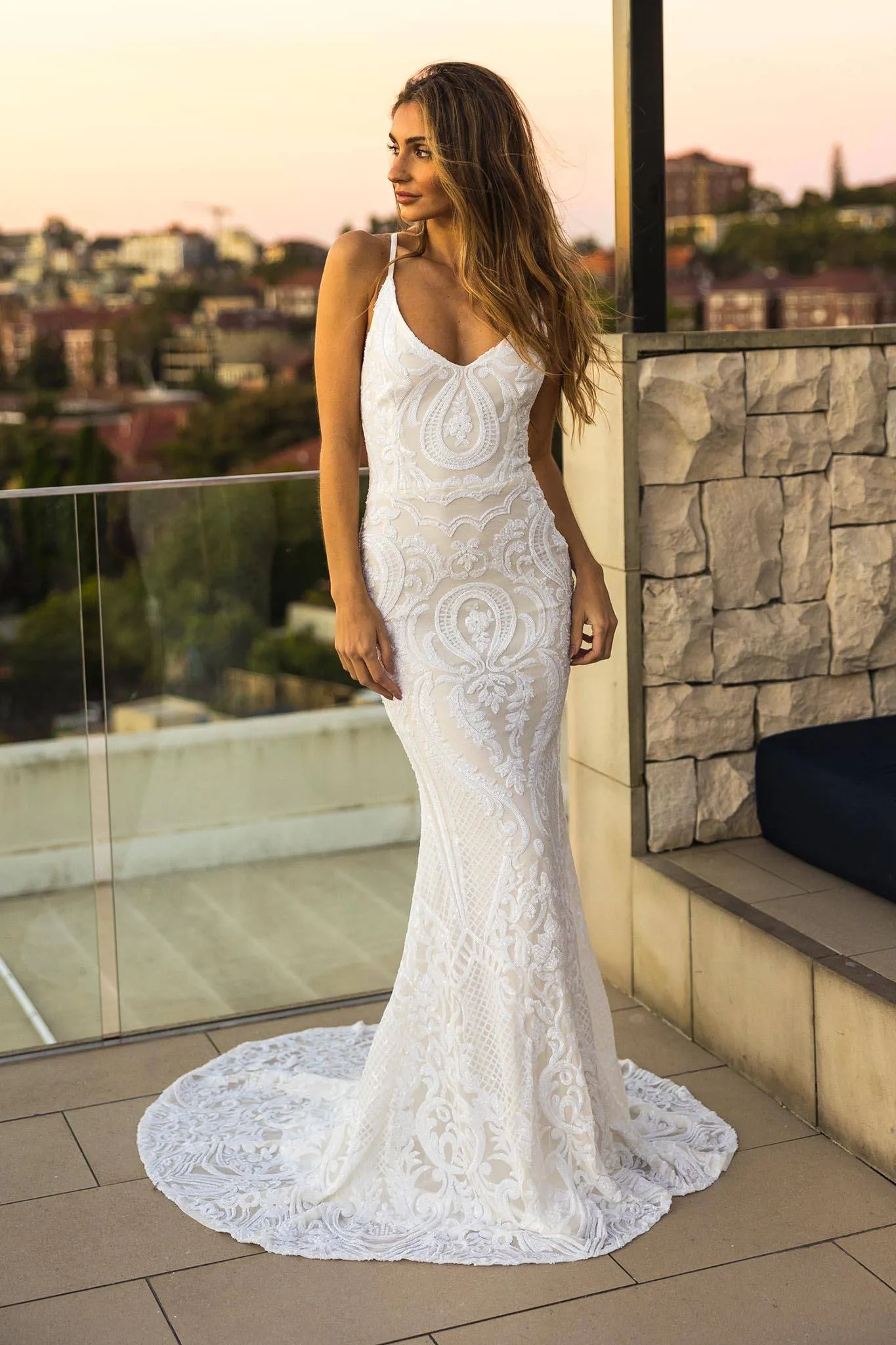 AMIYA Lace Up Back Pattern Sequin Gown - White