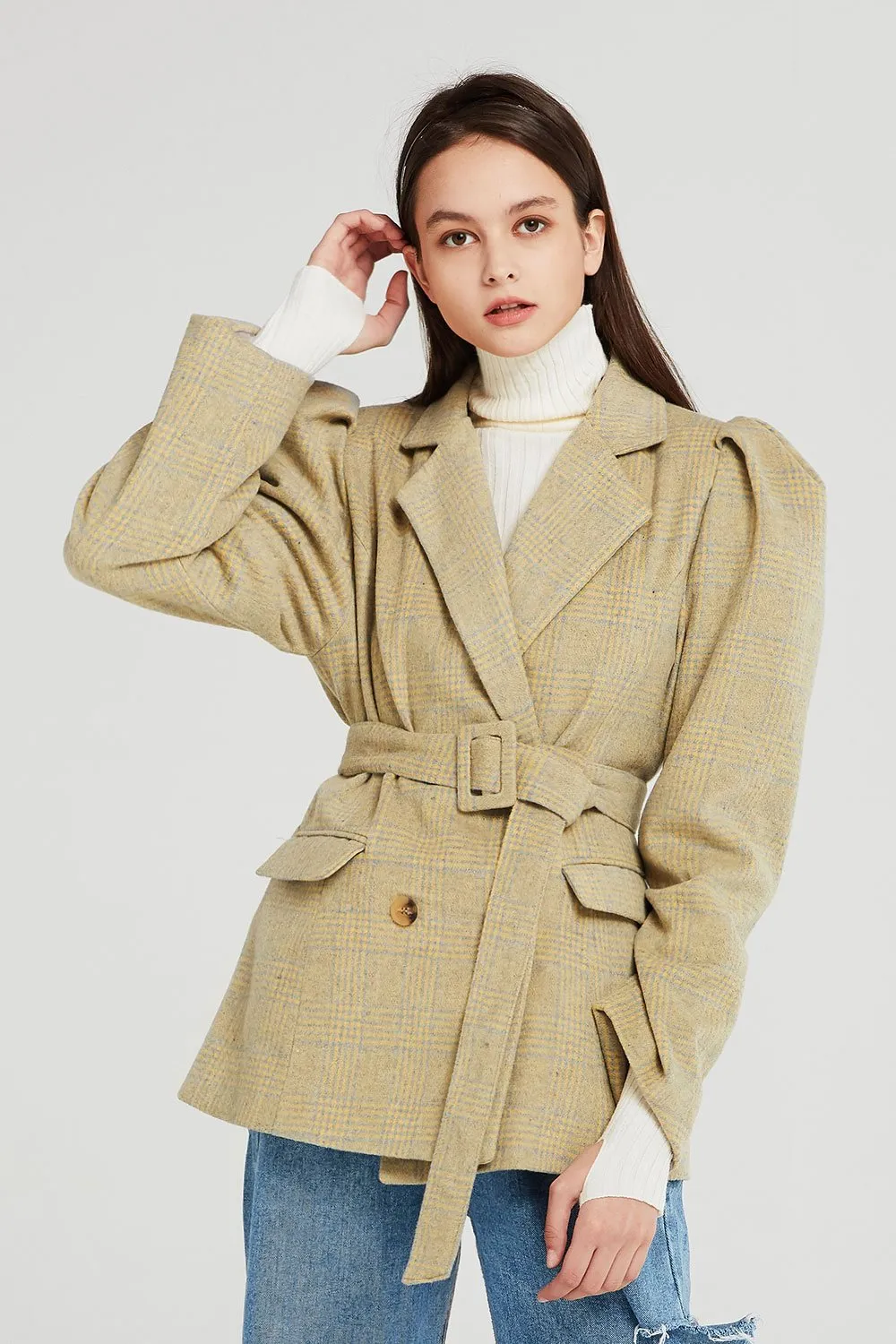 Ana Structured Sleeve Plaid Jacket w/Belt