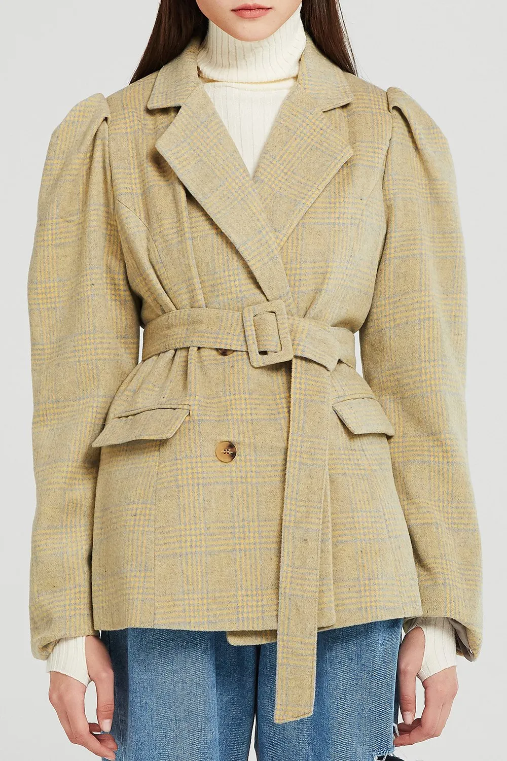 Ana Structured Sleeve Plaid Jacket w/Belt