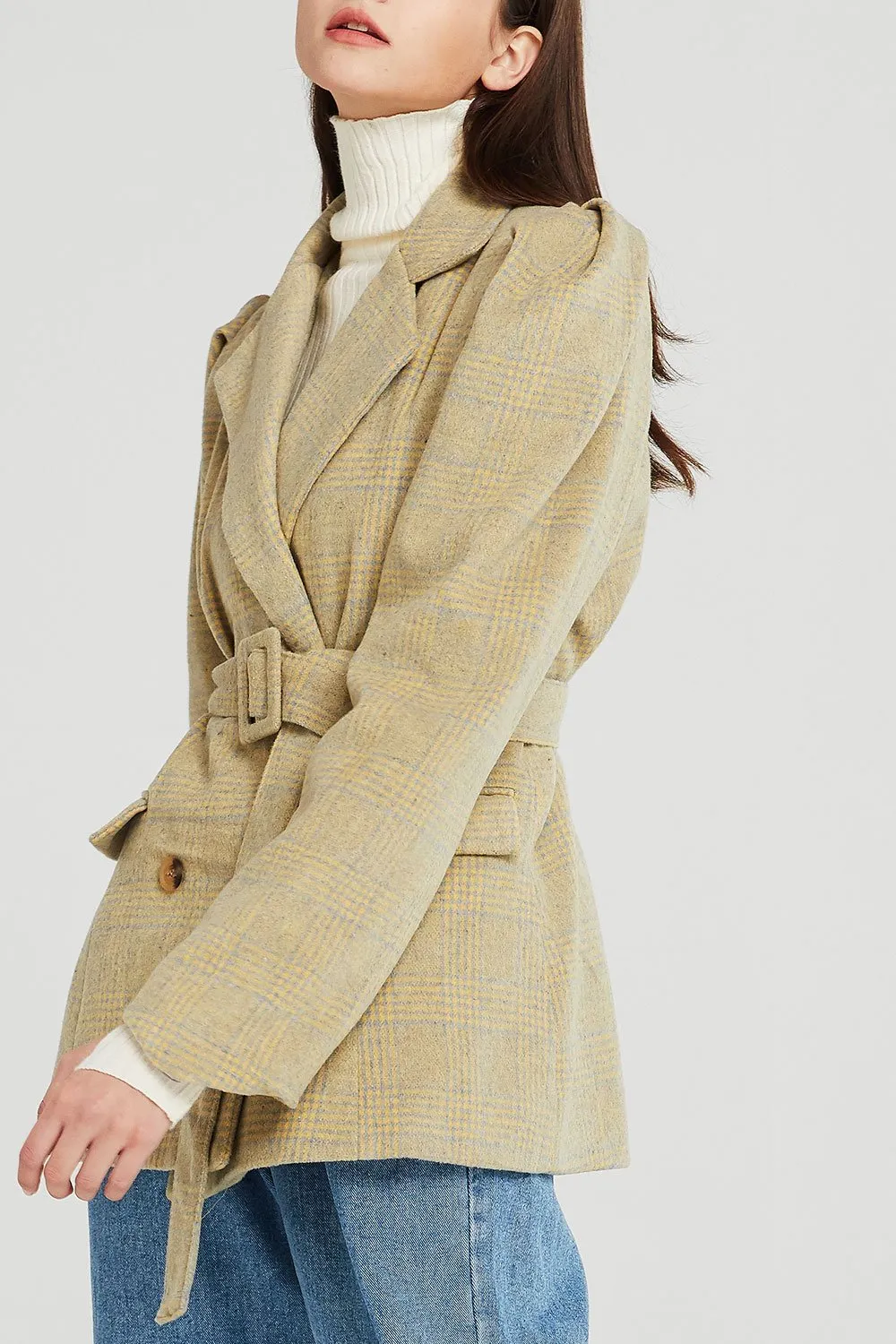 Ana Structured Sleeve Plaid Jacket w/Belt