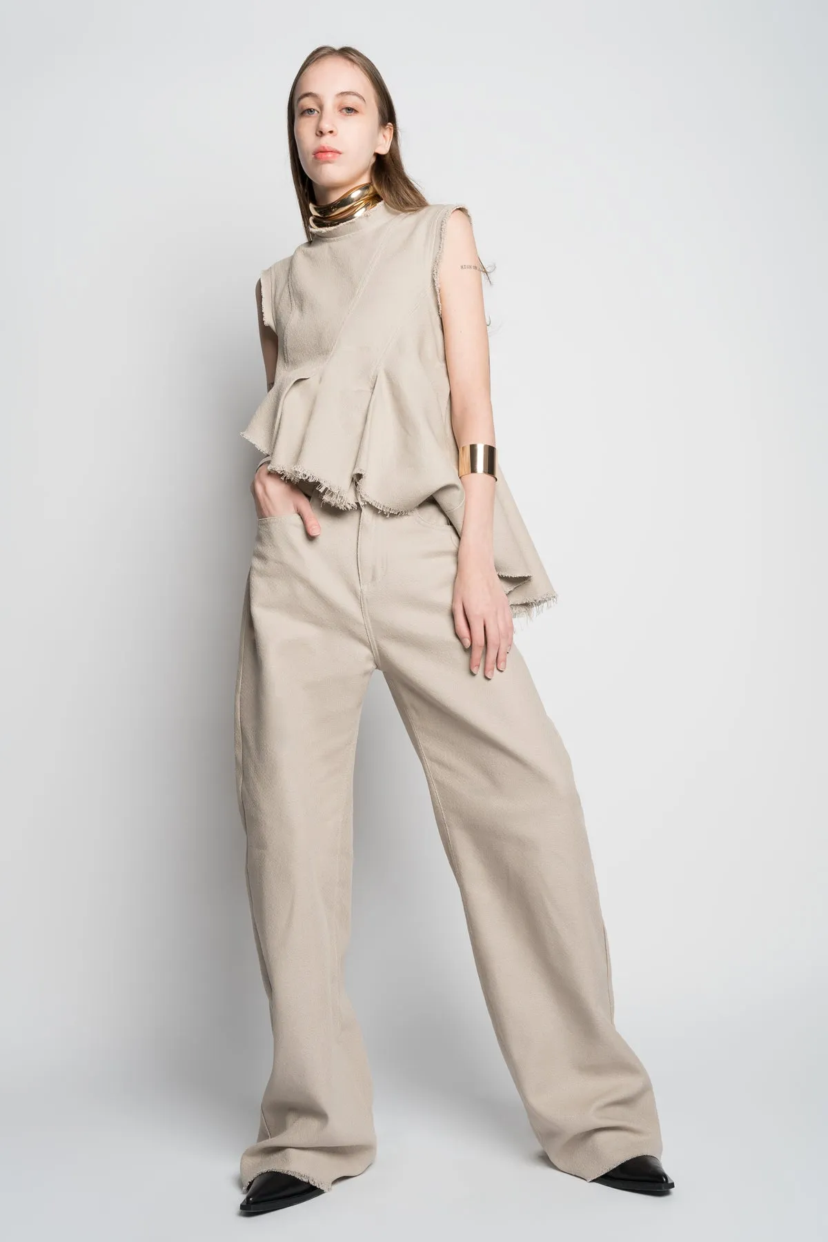 BEIGE WOVEN BOYFRIEND TROUSERS