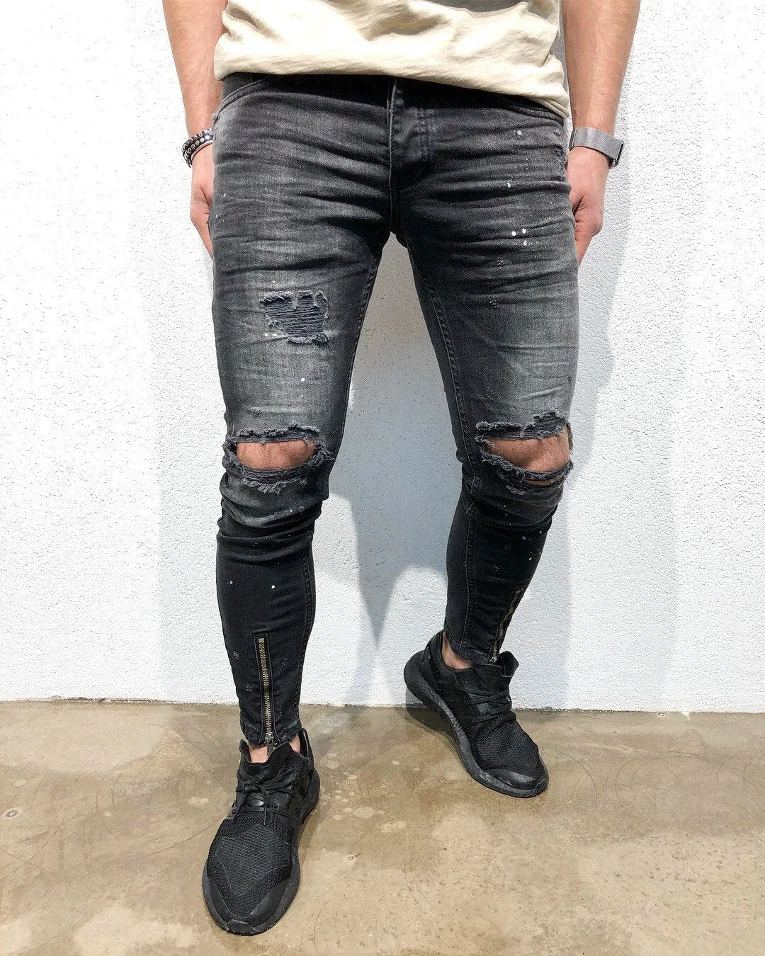 Black Destroyed Front Ankle Zipper Slim Fit Denim B110 Streetwear Denim Jeans