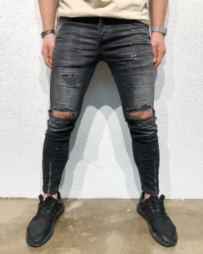 Black Destroyed Front Ankle Zipper Slim Fit Denim B110 Streetwear Denim Jeans