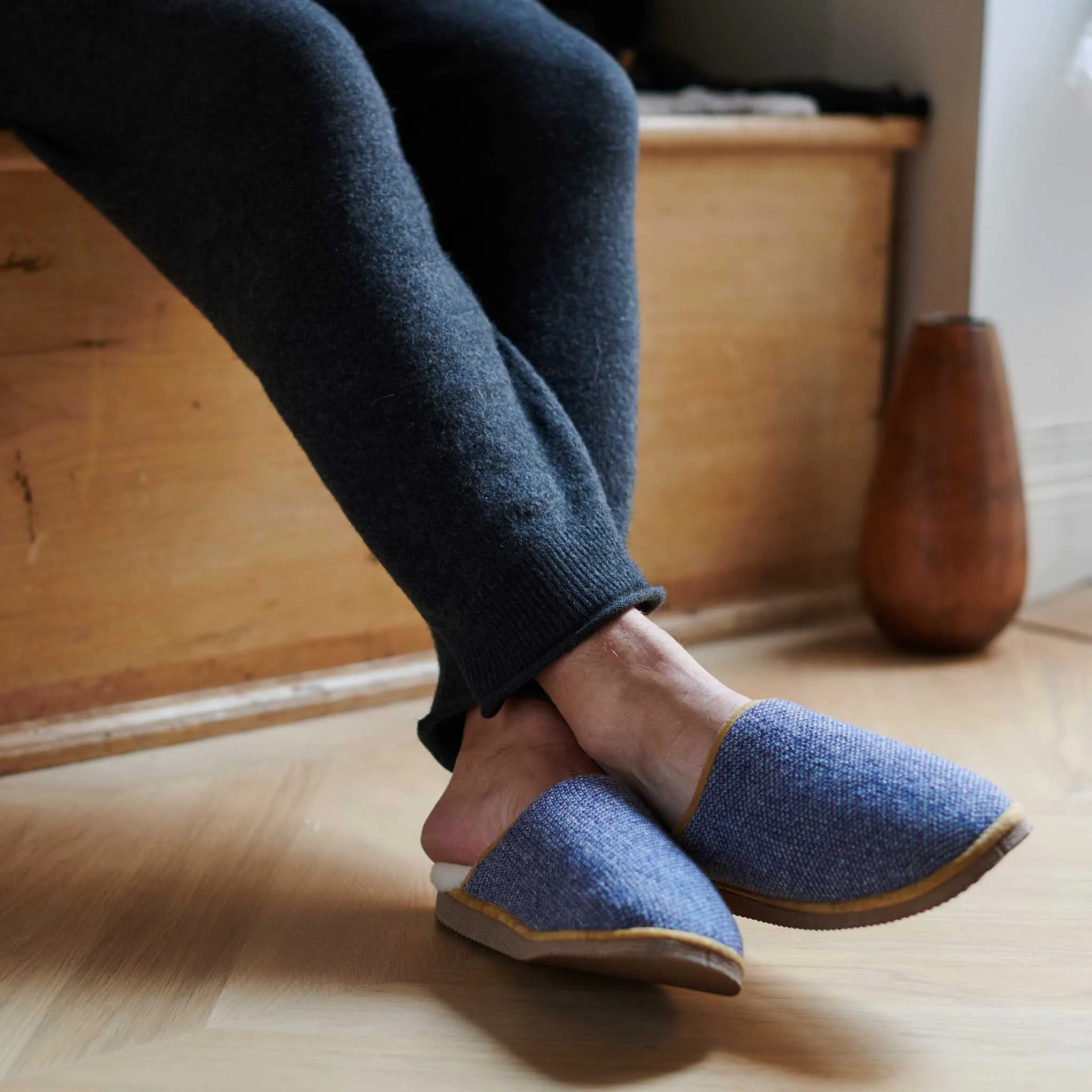 Blue Check Lambswool & Sheepskin Slippers