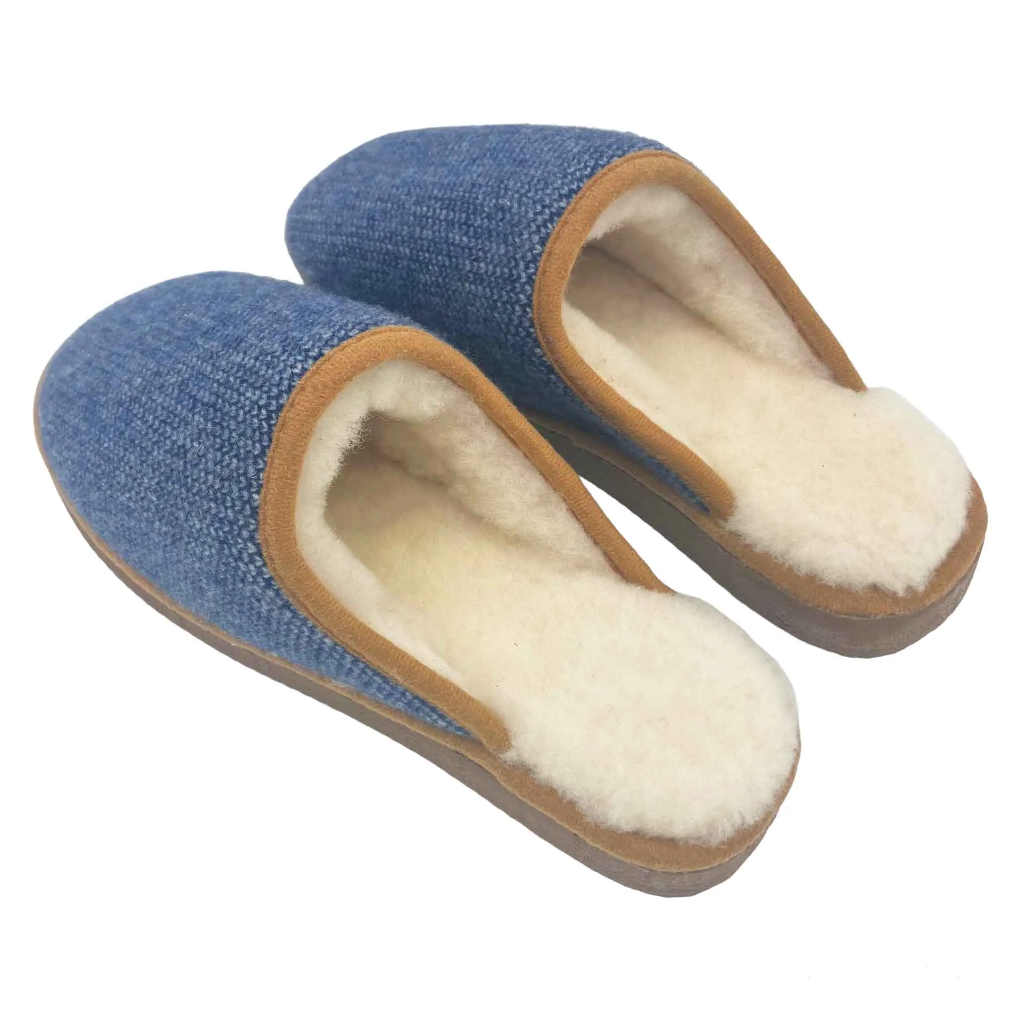 Blue Check Lambswool & Sheepskin Slippers