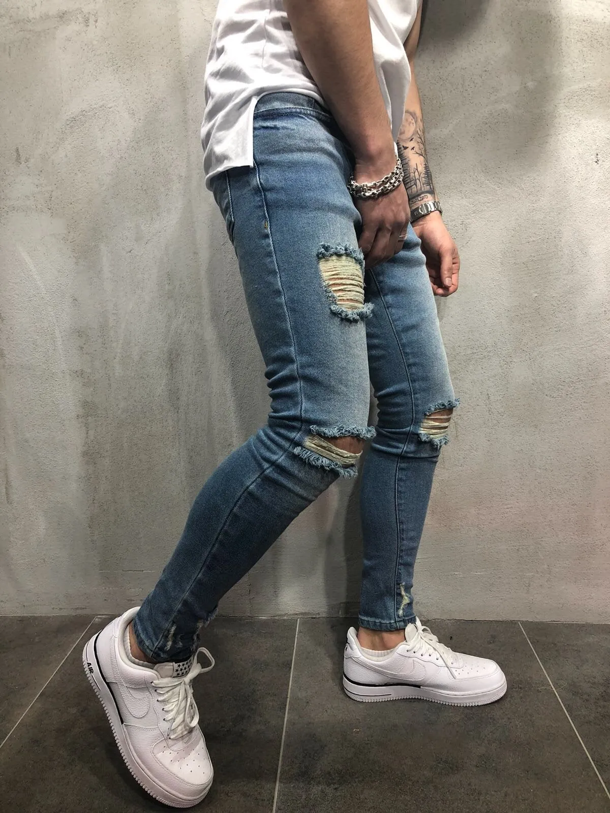 Blue Destroyed Skinny Fit Denim A81 Streetwear Denim Jeans