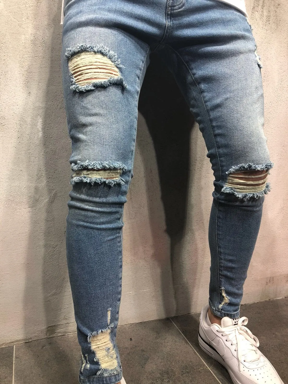 Blue Destroyed Skinny Fit Denim A81 Streetwear Denim Jeans