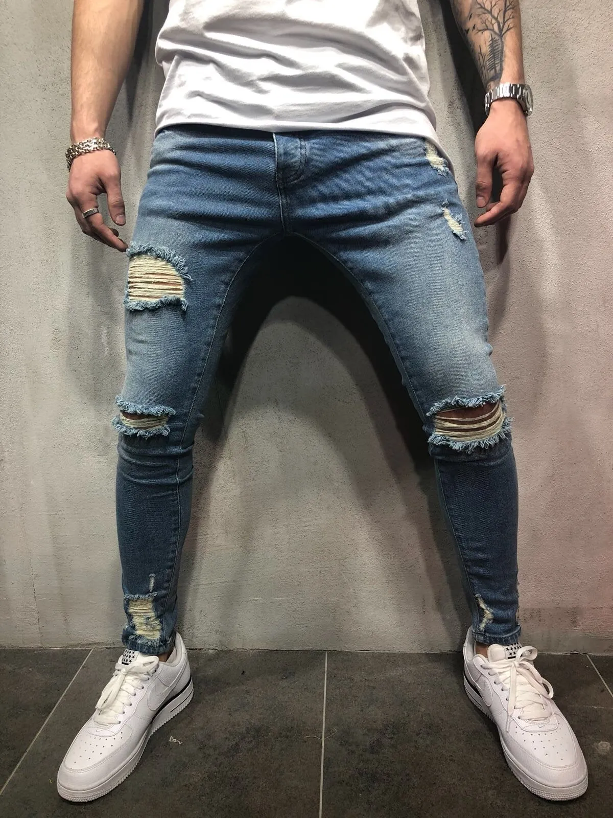 Blue Destroyed Skinny Fit Denim A81 Streetwear Denim Jeans