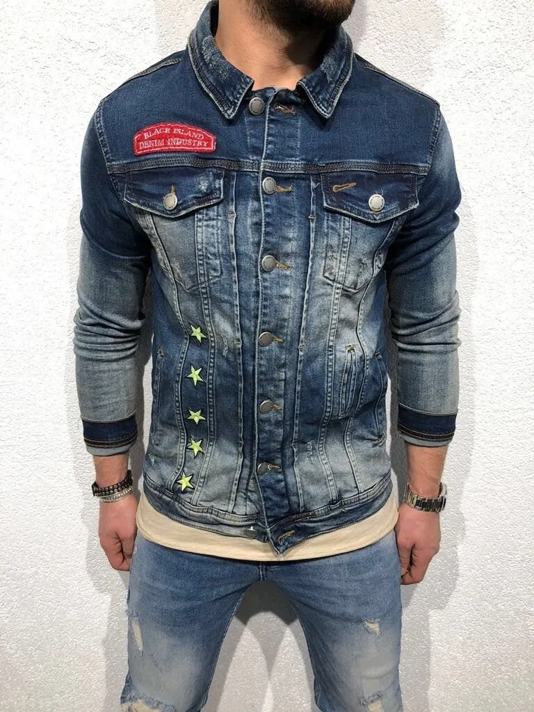 Blue Stars Patched Jeans Jacket B97 Streetwear Mens Jean Jacket