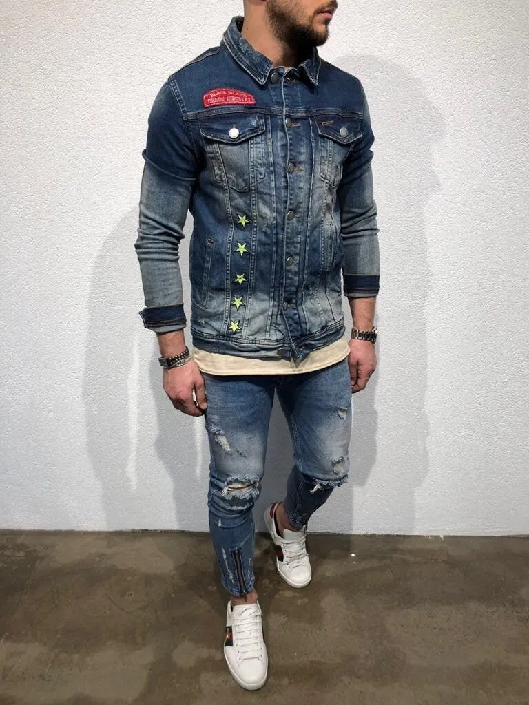 Blue Stars Patched Jeans Jacket B97 Streetwear Mens Jean Jacket