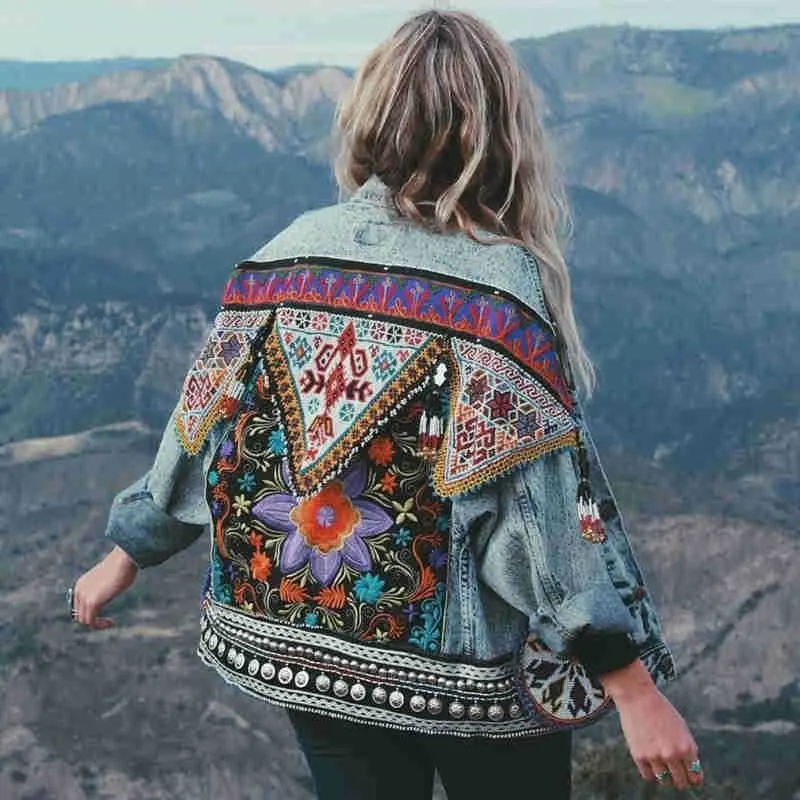 Boho Denim  Floral Appliques Embroidery Vintage Coat