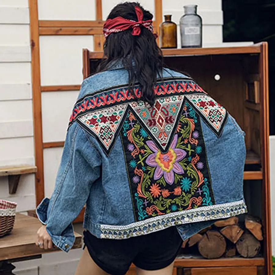 Boho Denim  Floral Appliques Embroidery Vintage Coat