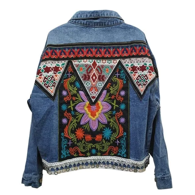 Boho Denim  Floral Appliques Embroidery Vintage Coat