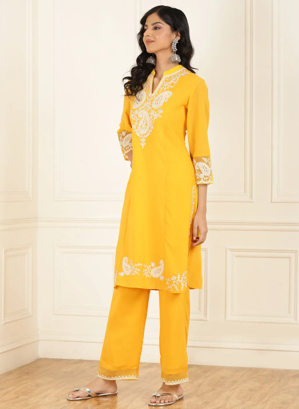 Bright Yellow Embroidered Georgette Kurta Set