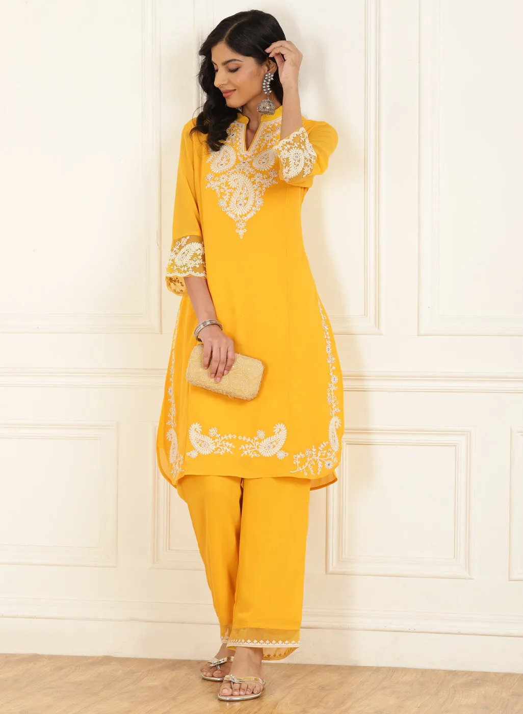 Bright Yellow Embroidered Georgette Kurta Set