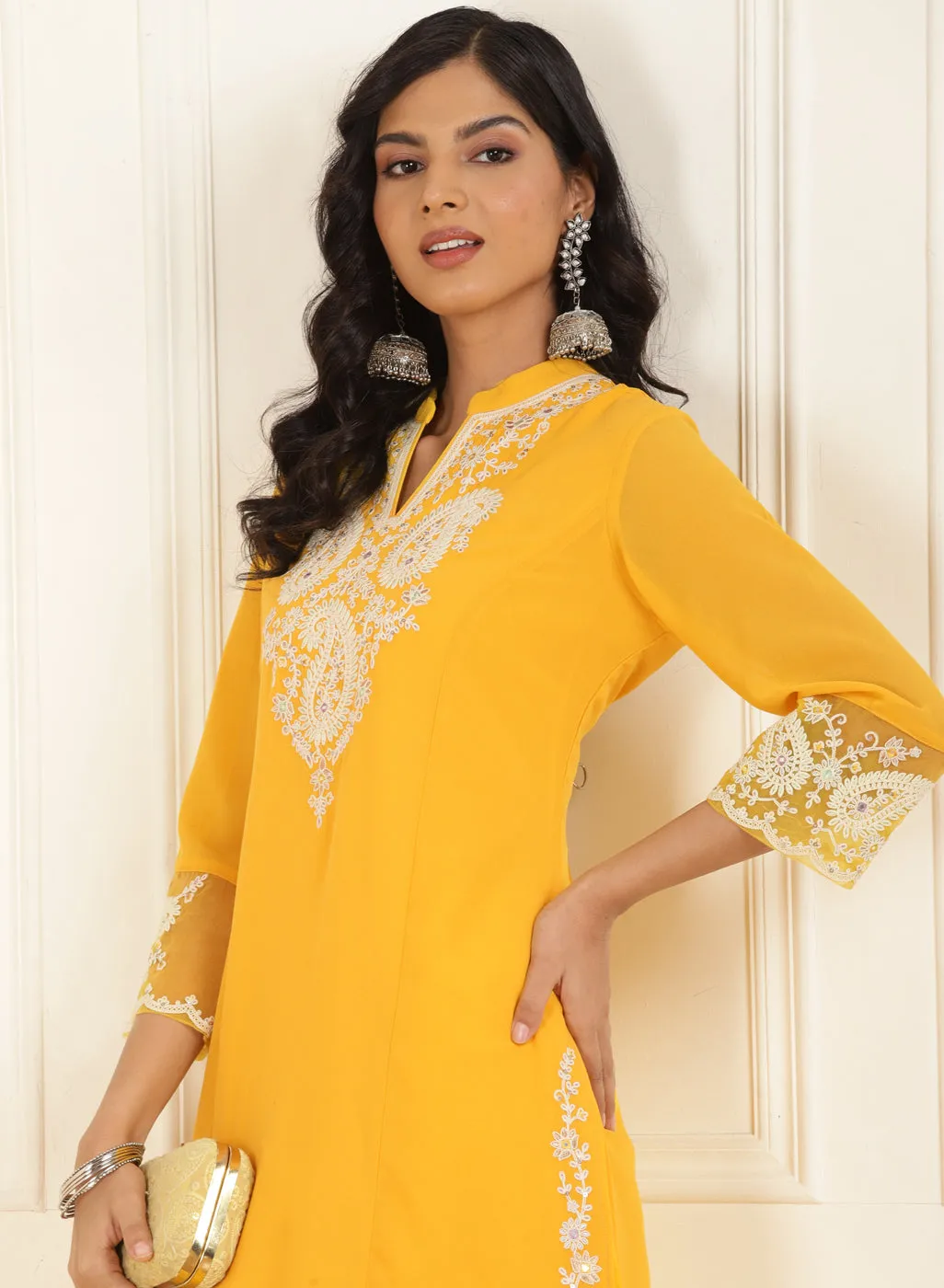 Bright Yellow Embroidered Georgette Kurta Set