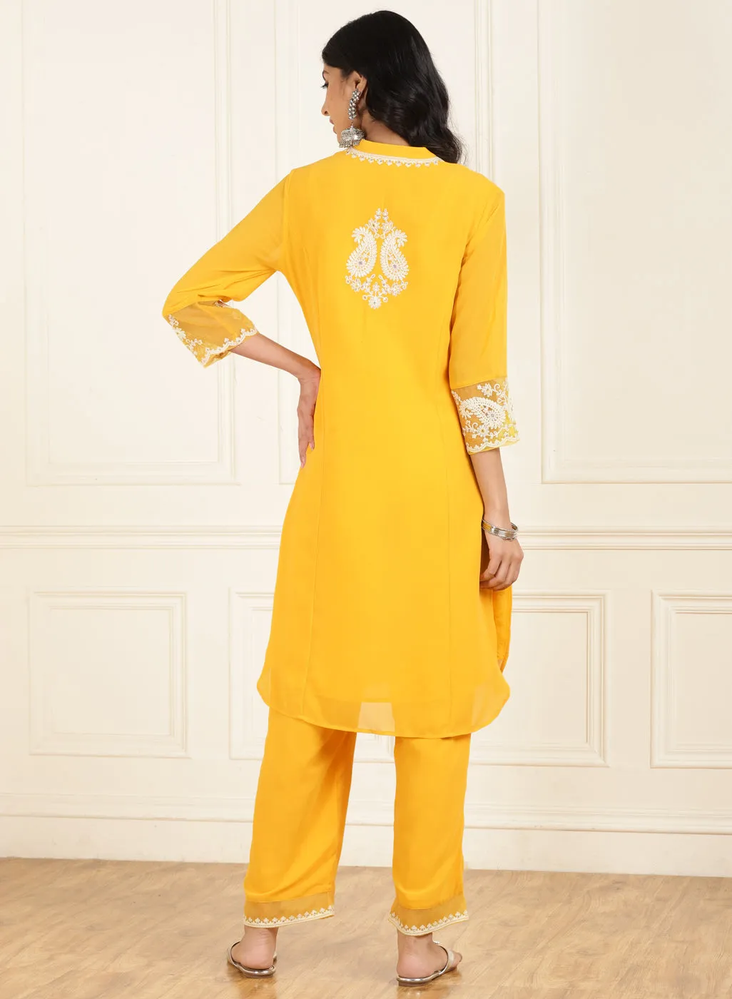 Bright Yellow Embroidered Georgette Kurta Set