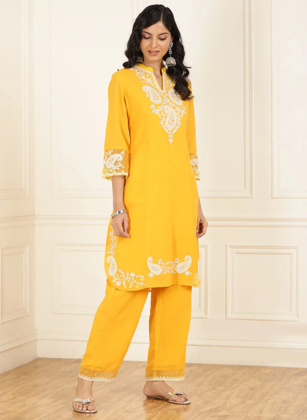 Bright Yellow Embroidered Georgette Kurta Set